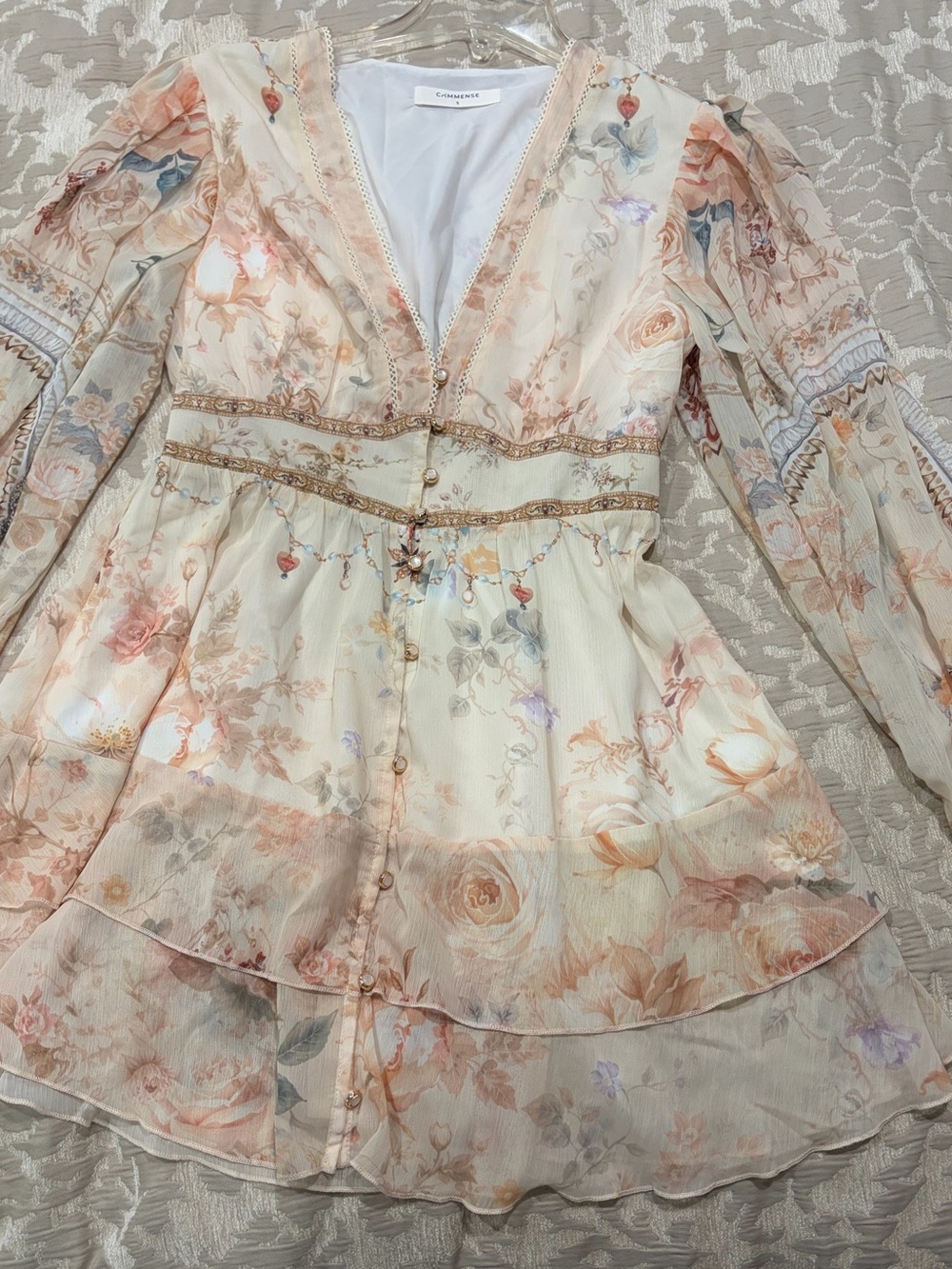 Commense Floral V-Neck Dress in Cream and Blush